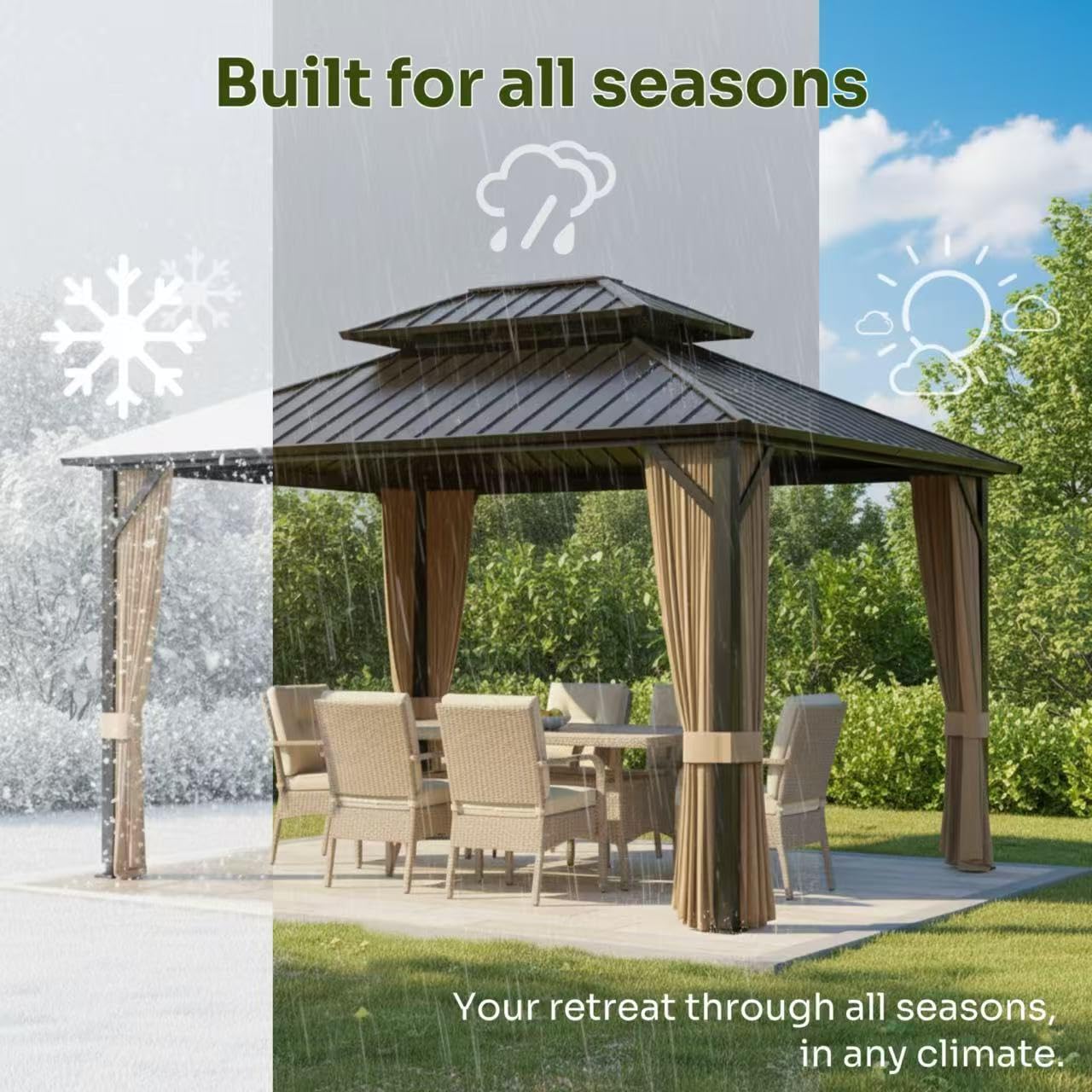 SOLUMIA 10x12ft Hardtop Gazebo, Metal Pavilion with Mesh Mosquito Netting & Curtains, All-Weather Outdoor Pergola for Garden, Patio, and Backyard（A Set of 2 Boxes）