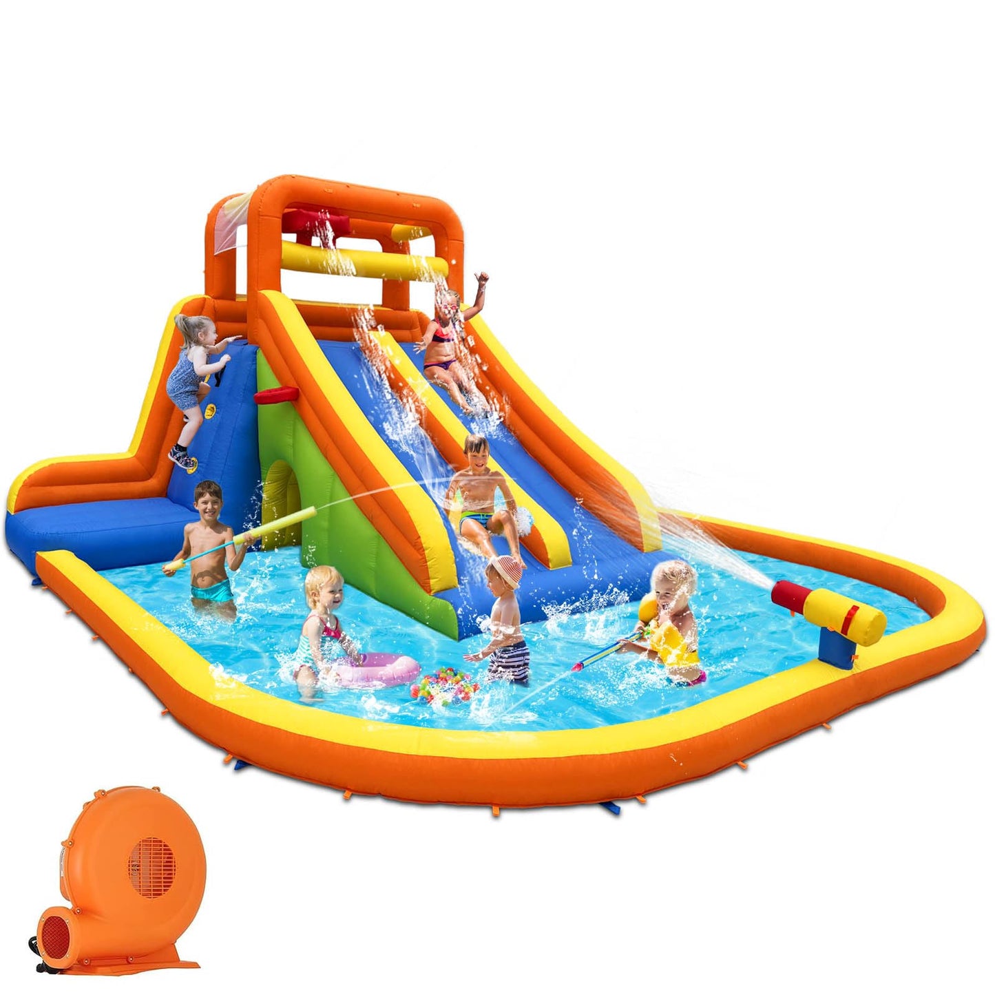 HuaKastro 15.6x15FT Giant Water Slide for Big Kids 5-12, Inflatable Water Park with Big Splash Pool, Dual Tall Slides & 2 Climb Walls for Racing Fun, W/Surprise Water Dump Bucket, Hide&Seek Cave