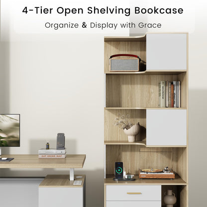 ModernMate Corner Bookshelf with Storage, 74.4" Tall L-Shaped Bookcase with 3 Drawers & AC/USB Charging Station, 7 Tier Wooden Open Display Rack for Living Home Office, Light Walnut