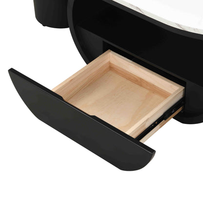 KEIKI Luxury Modern Oval Coffee Table with Storage Drawer, 47.24" Faux Marble Top, Wooden Coffee Table with Shelf, Sturdy Black Metal Frame for Living Room & Office, Black White