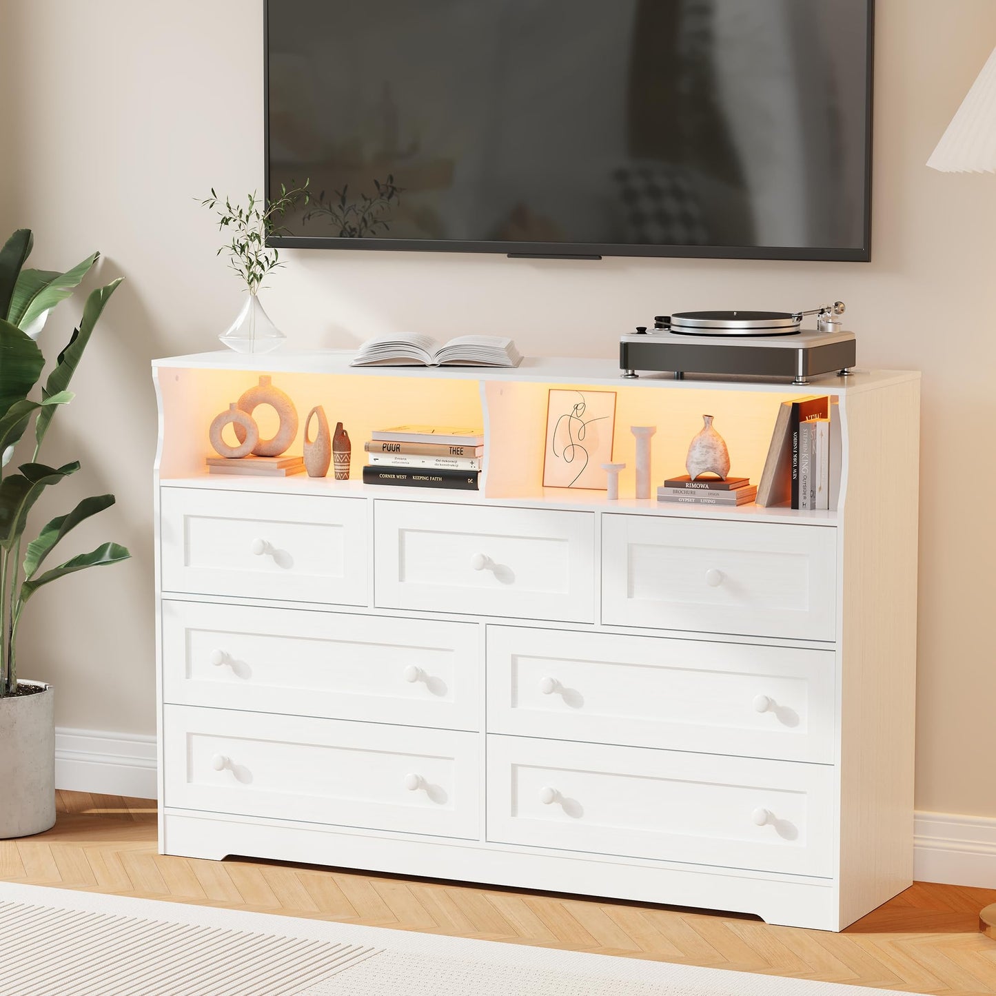 IDEALHOUSE Dresser for Bedroom with 7 Drawers, LED Lights & Charging Station, Wooden Chest with 2 Open Compartments, Freestanding Storage Organizer for Closet, Nursery, Entryway, White