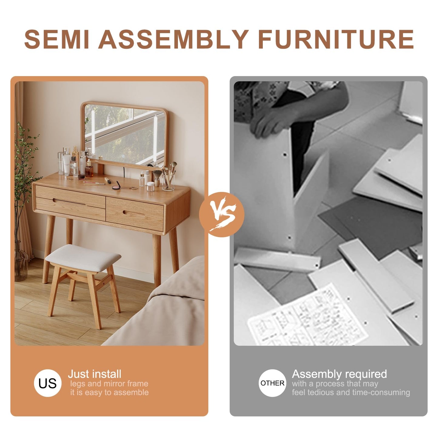 DONGMUWUJEE Solid Wood Vanity and Vanity Stool Bundle, Vanity Set with Mirror and Lights and Stool, Wood Vanity Desk and Chair Set, Makeup Vanities & Vanity Benches (Vanity 39.4 inch Wide, Natural)