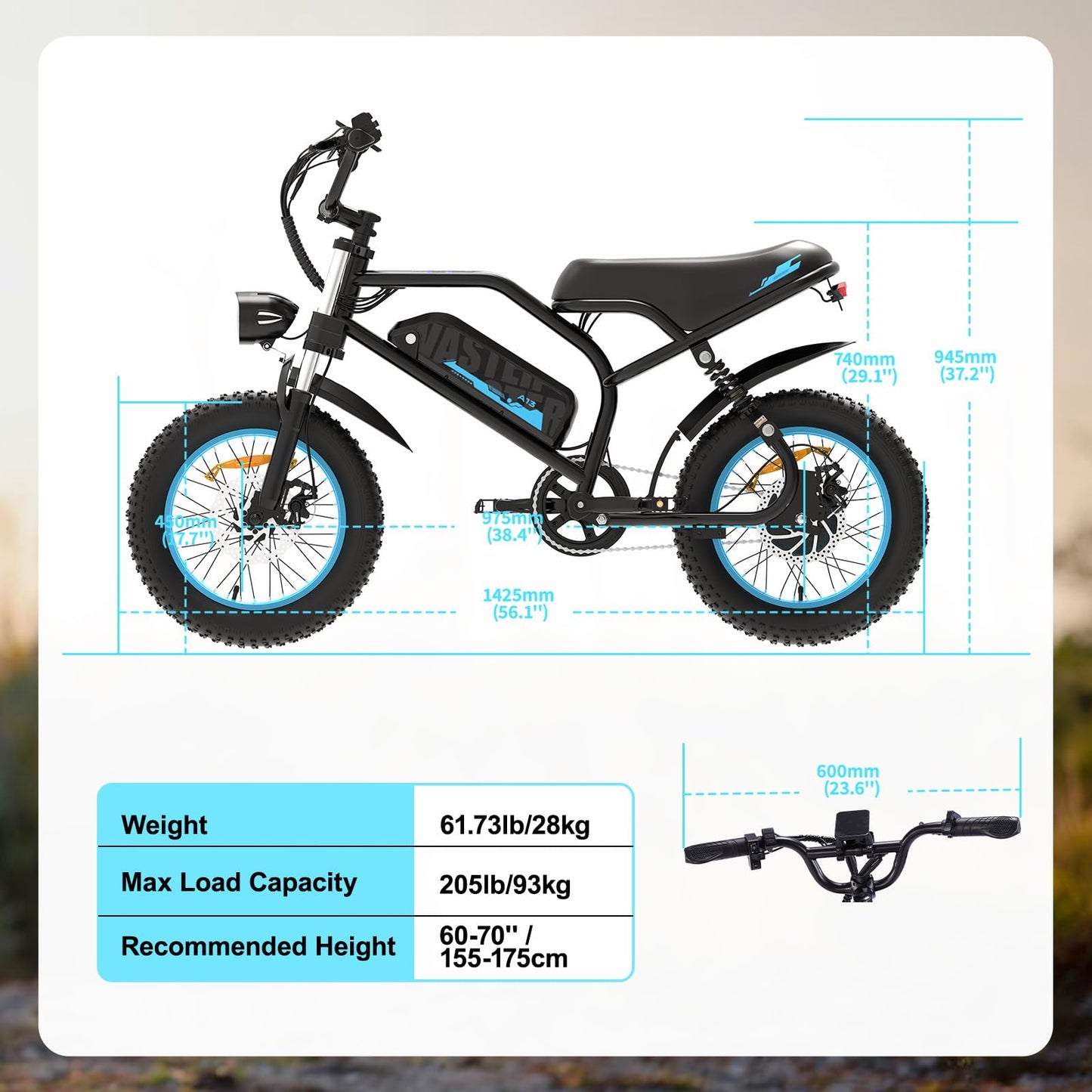 AVDLBIKE Electric Bike, 16'' Fat Tire eBike for Teens/Adults, 500W E-Bike with 36V/12.8Ah Removable Battery, 20 MPH 45 Mile Range Commuting Electric Mountain Bike with Dual Dual Brakes-Blue A13