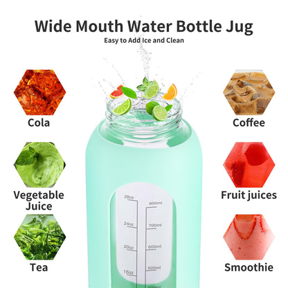 EALGRO 64 oz Glass Water Bottle With Straw and Handle, Half Gallon Sports Motivational Water Jug Flask with Silicone Sleeve, Large Water Cup with Time Marker for Travel, Gym, Black