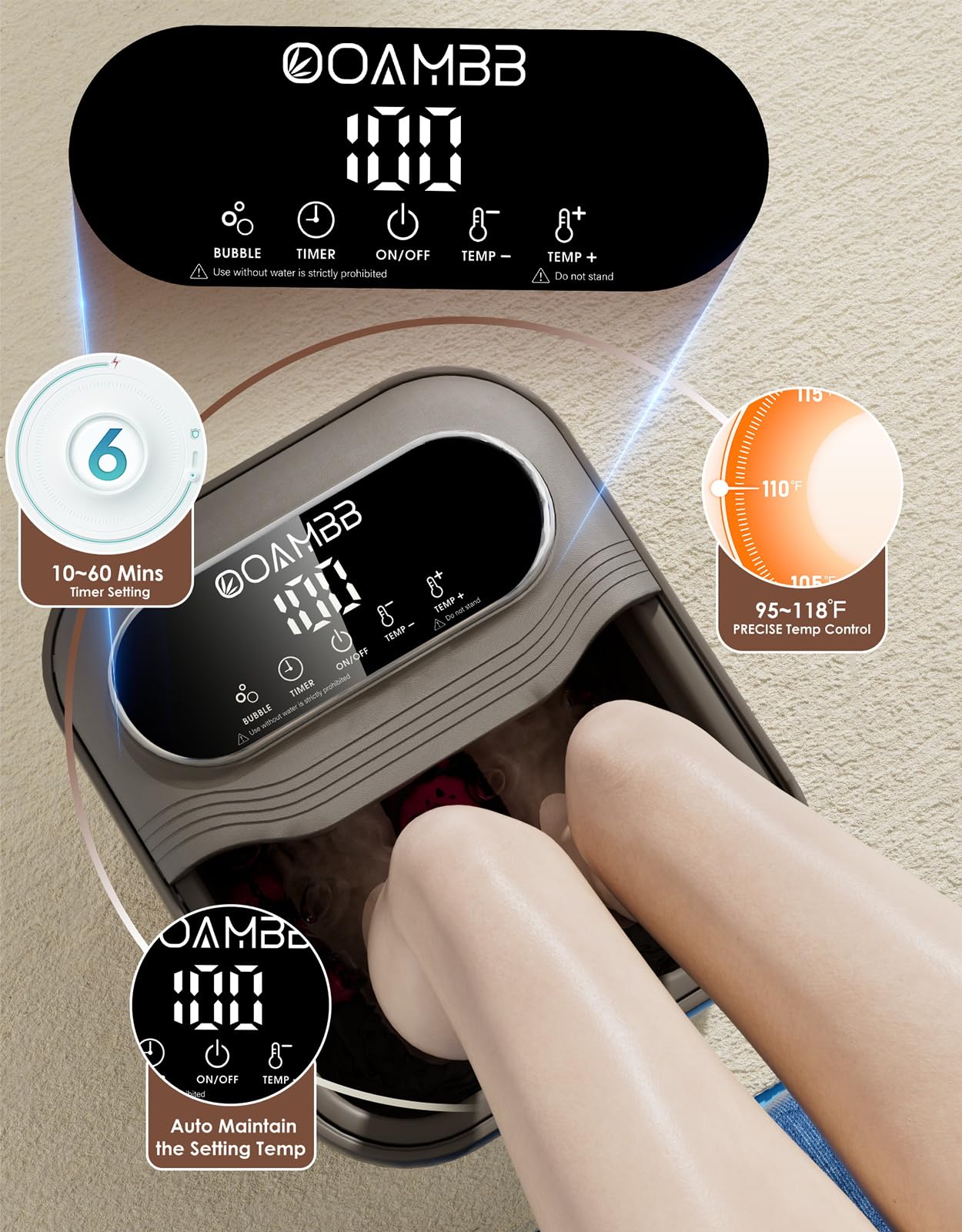 Collapsible Foot Spa with Heat, Bubble and Temp Control, Foot Bath Massager with XL Touch Screen and Massage Rollers, Foot Soaking Tub, Pedicure Foot spa for Stress Relief (Grey)