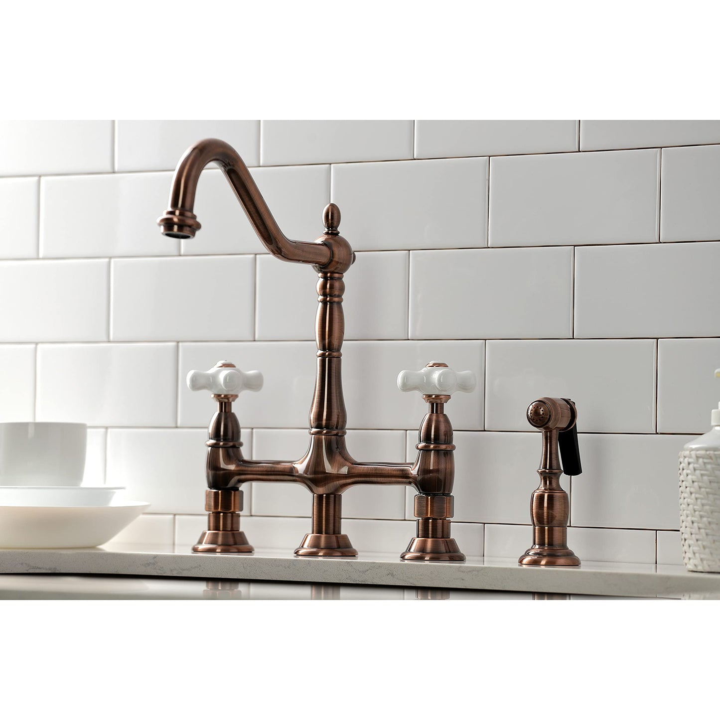 Kingston Brass KS127PXBSAC Heritage Bridge Kitchen Faucet with Brass Sprayer, Antique Copper