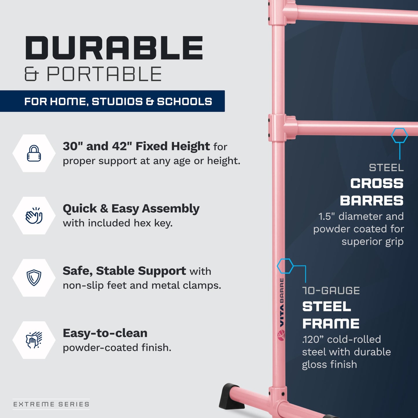 VITA Barre Portable Freestanding Double Ballet Barre, Extreme, 7 Ft Bars, Light Pink, Steel | Fixed Height, Made in USA, Home or Gym Exercise Equipment for Kids & Adults | Dance, Fitness, Pilates