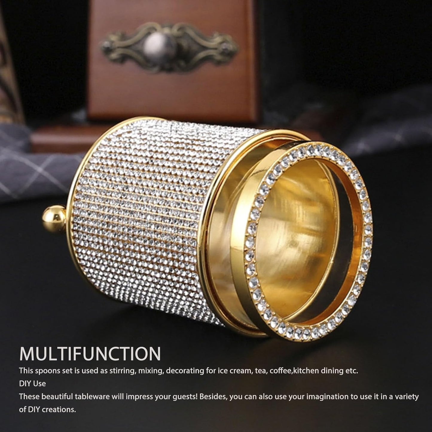6Pcs Mini Tea Spoons Set, Gold Dessert Spoons with Holder, Zinc Alloy Small Delicate Spoons for Mixing, Ice Cream, Cake