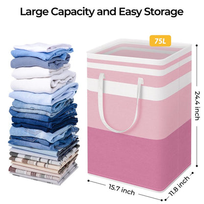 HomeHacks 2 Pack Large Laundry Baskets, Waterproof, Freestanding Laundry Hampers, Collapsible Clothes Hamper with Reinforced Handles in Laundry, College Dorm, Bathroom, Bedroom (Blue+Pink, 75Lx2)