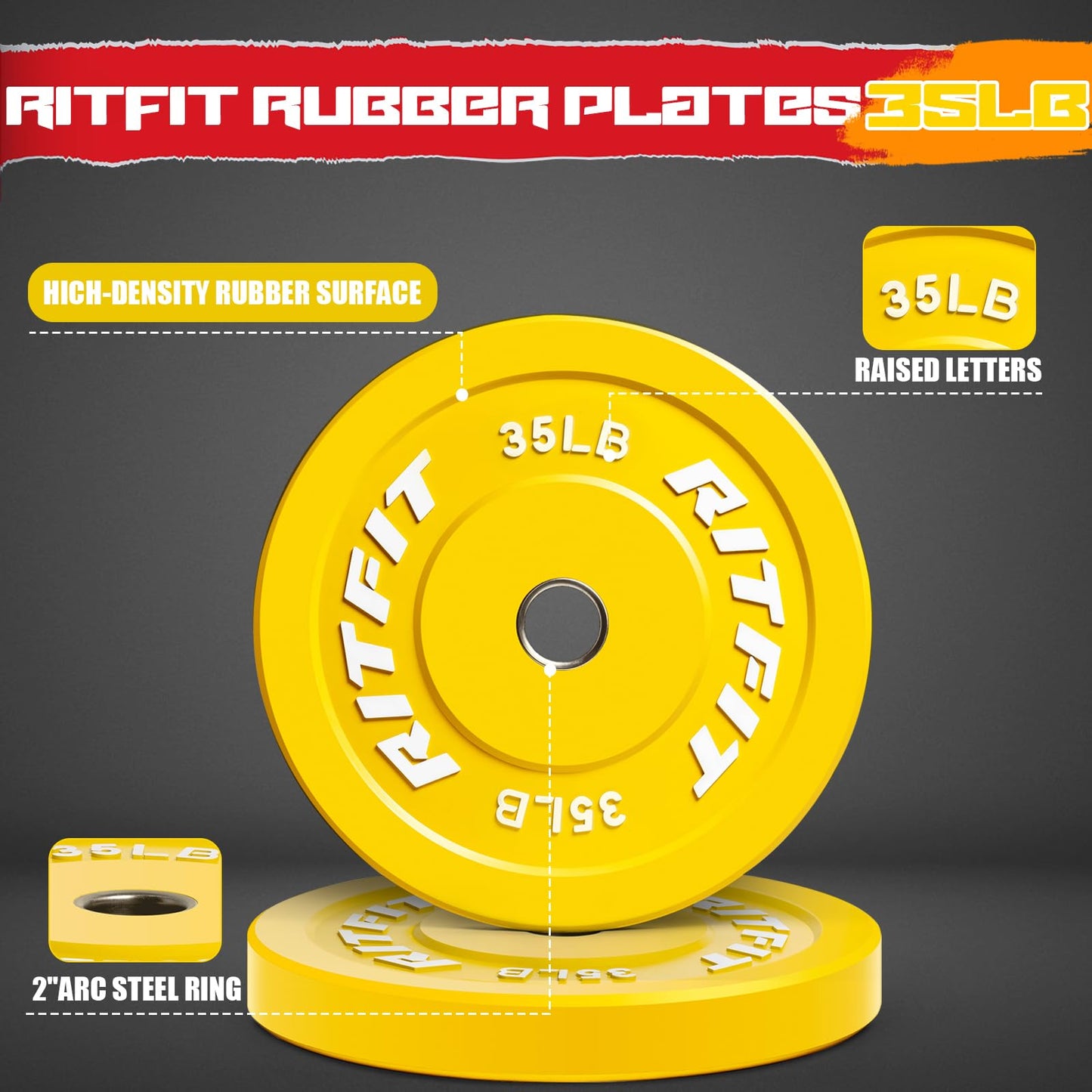 RitFit Color Coded Bumper Plate, Olympic Bumper Plate for Barbell, 2-Inch Bumper Weight Plates With Steel Insert, rubber weight plates for Strength Training in Home Gym, 140LB Set