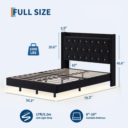GAOMON Floating Bed Frame Full Size with LED Lights, Velvet Upholstered Platform Full Bed Frame with Wingback Storage Headboard, No Box Spring Needed, Easy Assembly, Black
