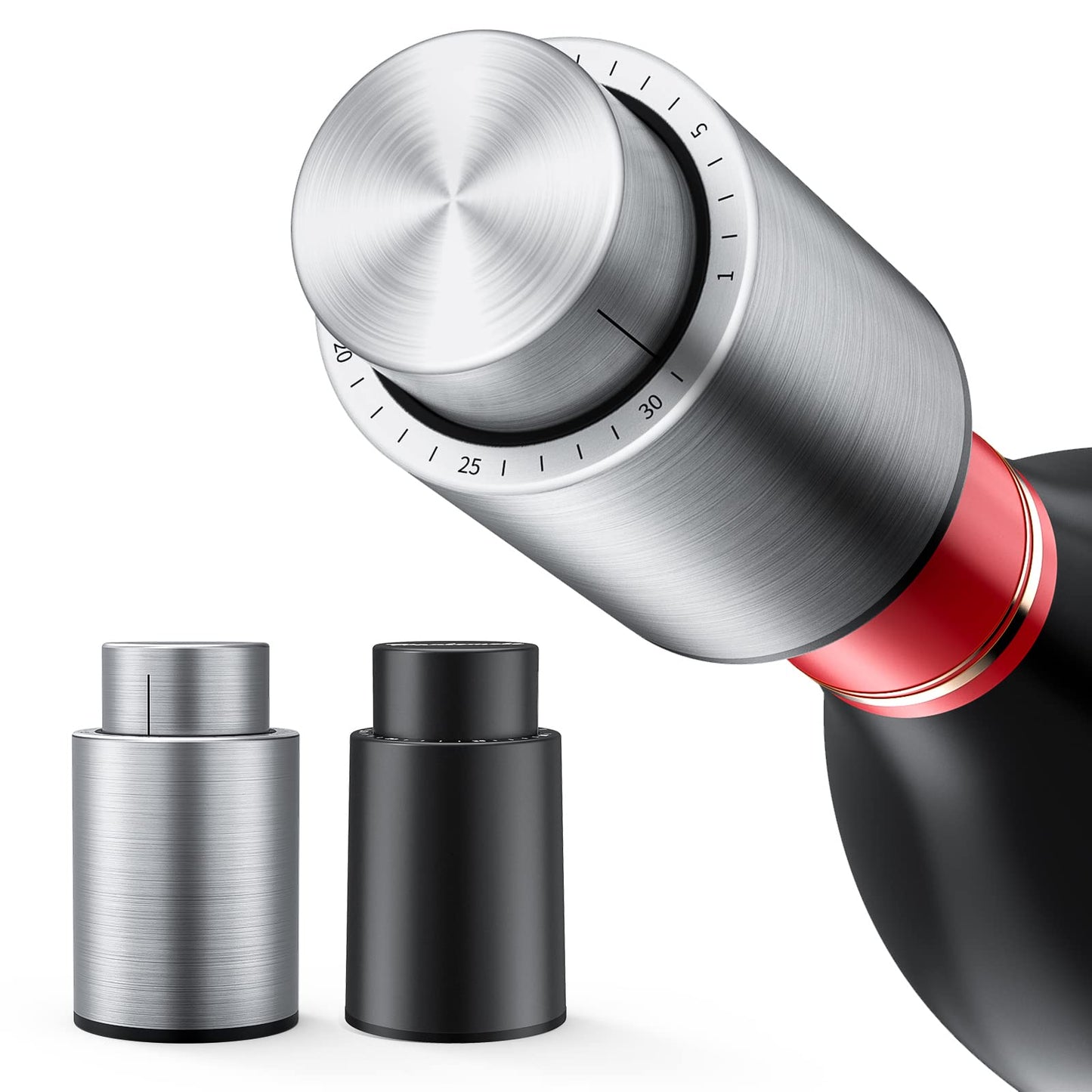 [2 PACK]Wine Bottle Stoppers，2-in-1 Vacuum Wine Stopper，1 Stainless Steel (Silver) and 1 ABS(Black) Wine Savers, Reusable Wine Preserver, Vacuum Pump Corks Keep Wine Fresh, Best Gift Accessories.