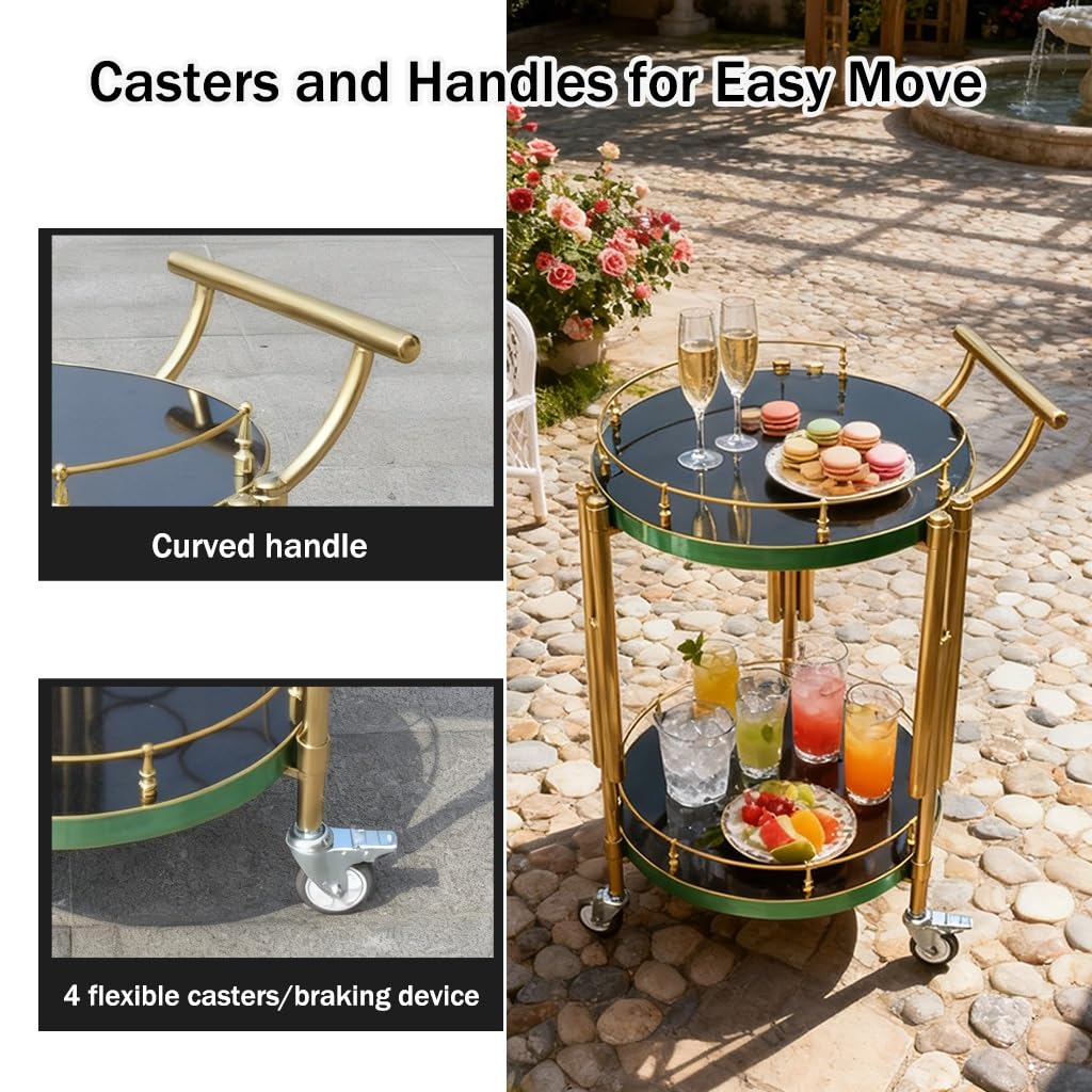 FGQuelleBM Luxury 2-Tier Mobile Cart with Wheels, Wood Top & Stainless Steel Frame for Drinks and Desserts Display
