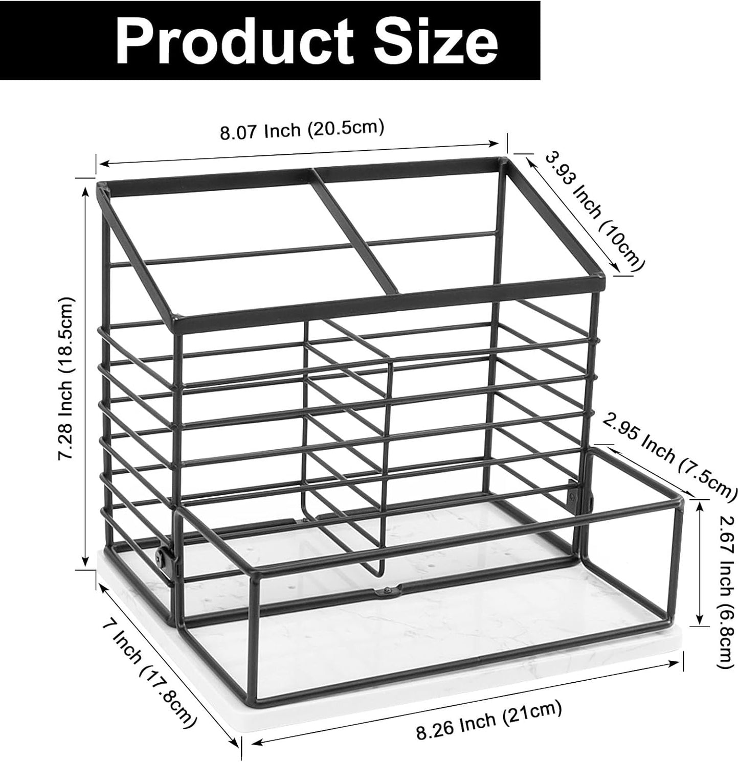 Metal Utensil Holder for Kitchen Counter - Large Organizer with Salt and Pepper Shakers, Marble Base