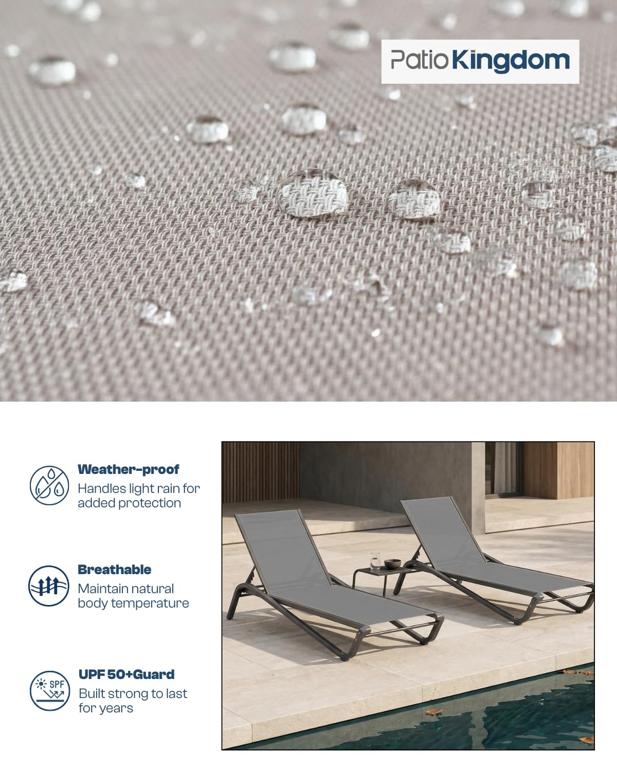 Patio Kingdom Patio Chaise Lounge Chairs Set of 6, All-Weather Aluminum Pool Loungers for Outside, 5-Position Adjustable Sunbathing Chairs for Tanning, Stackable for Backyard, Poolside, Grey