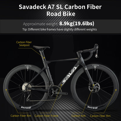 SAVADECK A7L Carbon Road Bike, T800 Carbon Fiber Frame 700C Racing Bicycle with Shimano 105 R7100 24 Speed Groupset and Hydraulic Disc Brake, Ultra-Light Carbon Bike for Man and Women(White,56cm)