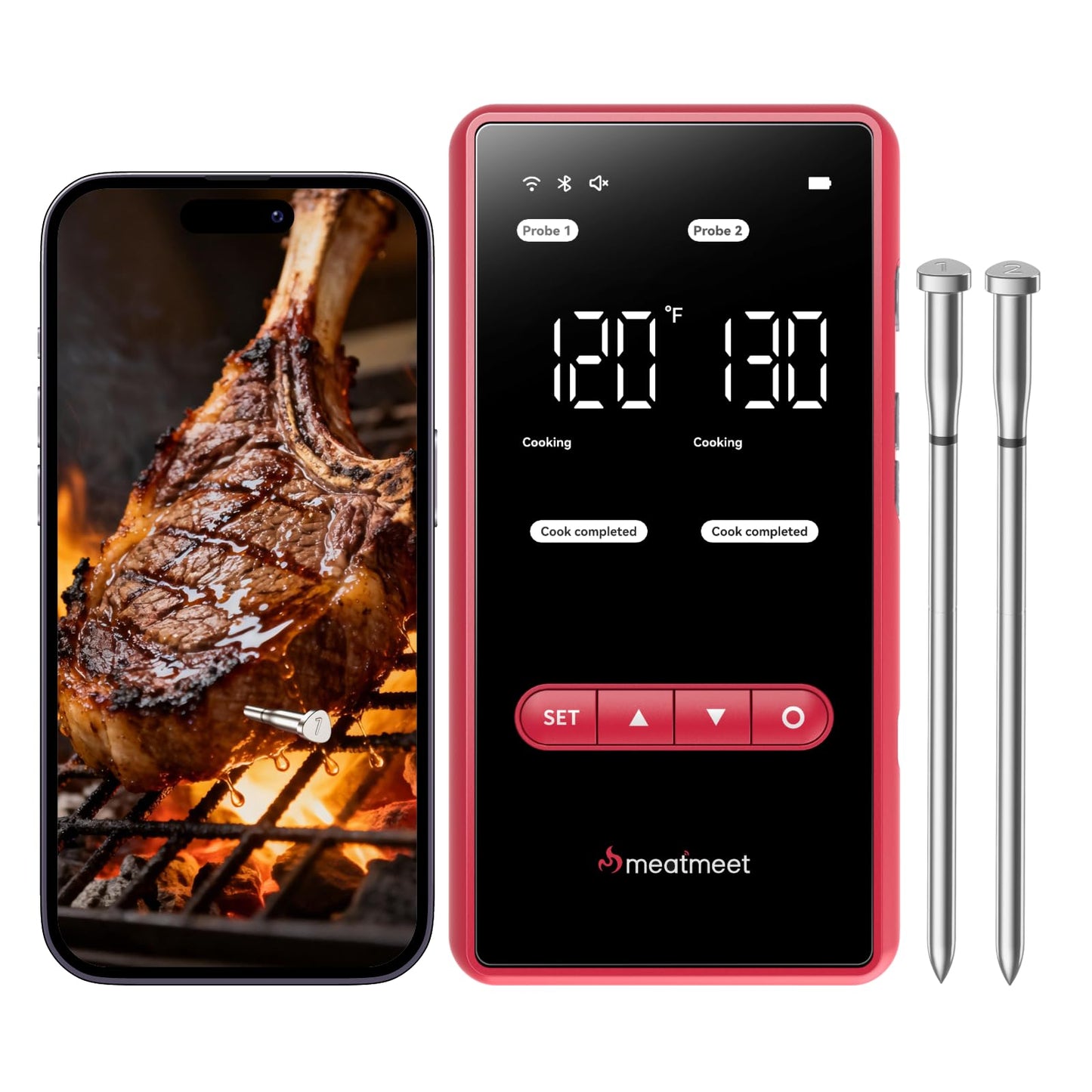 Meatmeet Wireless Meat Thermometer Digital with Dual Wi-Fi & Bluetooth, Meat Thermometer Wireless with 2 Probes, LED Display Base, 6 Sensors, IP69 Waterproof, for Grills, Ovens, Smokers & BBQs (X Pro)