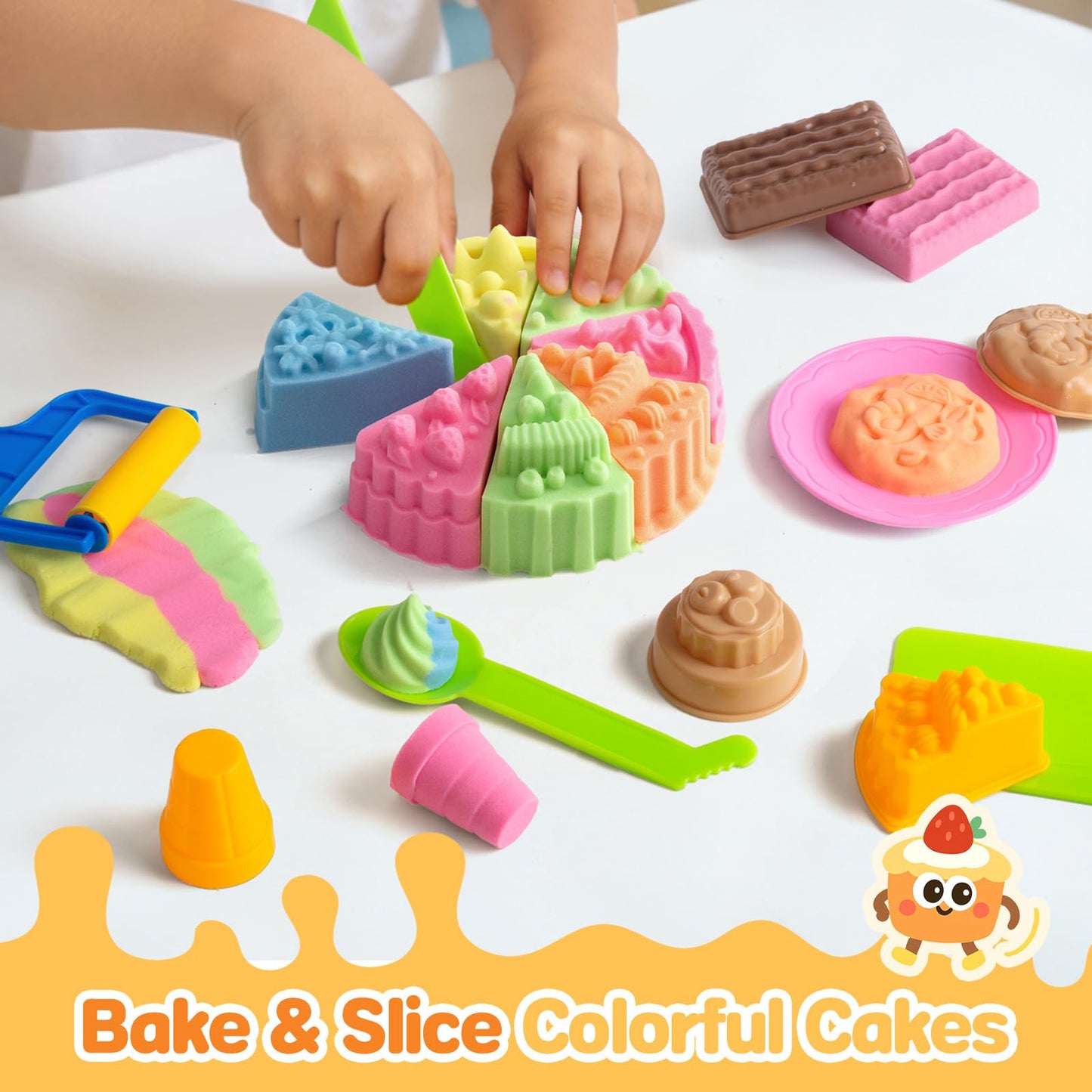 Crelloci Food Theme Magic Play Sand Kit for Kids – 2.2lb Sensory Play Sand with Burger, Hot Dog, Chips, Cake & Ice Lolly Moulds, Cutters, Roller, Fork & Spoon – Creative Sand Toys for Kids Age 3+