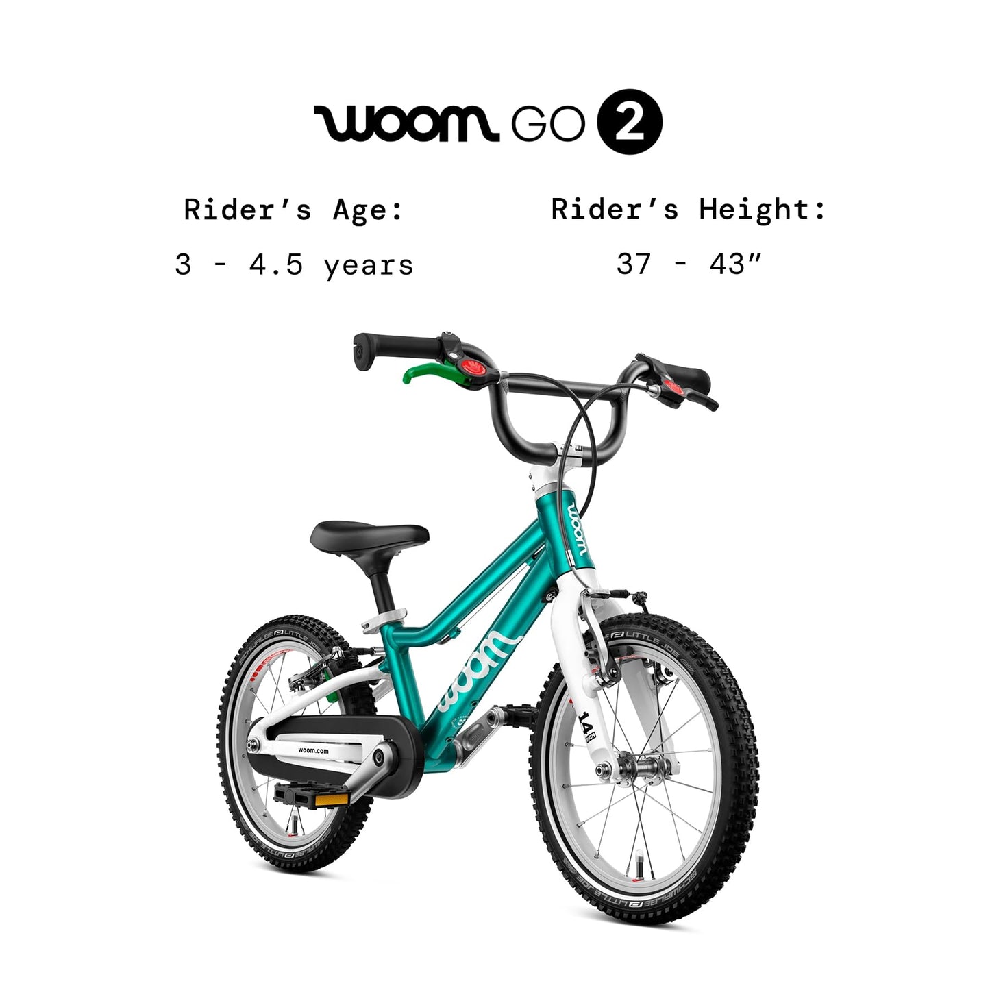 woom GO 2 Bicycle for Children 3 to 4.5 Years Old, 14-Inch Lightweight Bike with Handbrake, Steering Limiter & Chainguard for Boys & Girls - GO 2 - Metallic Turquoise