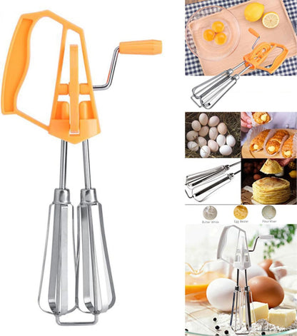 Manual Egg Beater, Hand Held Mixer, Plastic Hand Crank Autorotation for Home Baking (Orange)