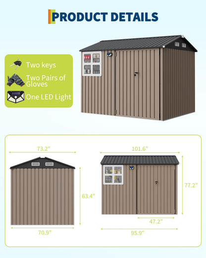 8x6 FT Outdoor Storage Shed with Window and Solar LED Light, Waterproof Metal Garden Tool Shed with Lockable Door, Vented Sloped Roof for Backyard Patio Lawn, Brown