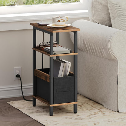Narrow Side Table with Charging Station - 3 Tier Small End Table for Small Spaces, Rustic Brown