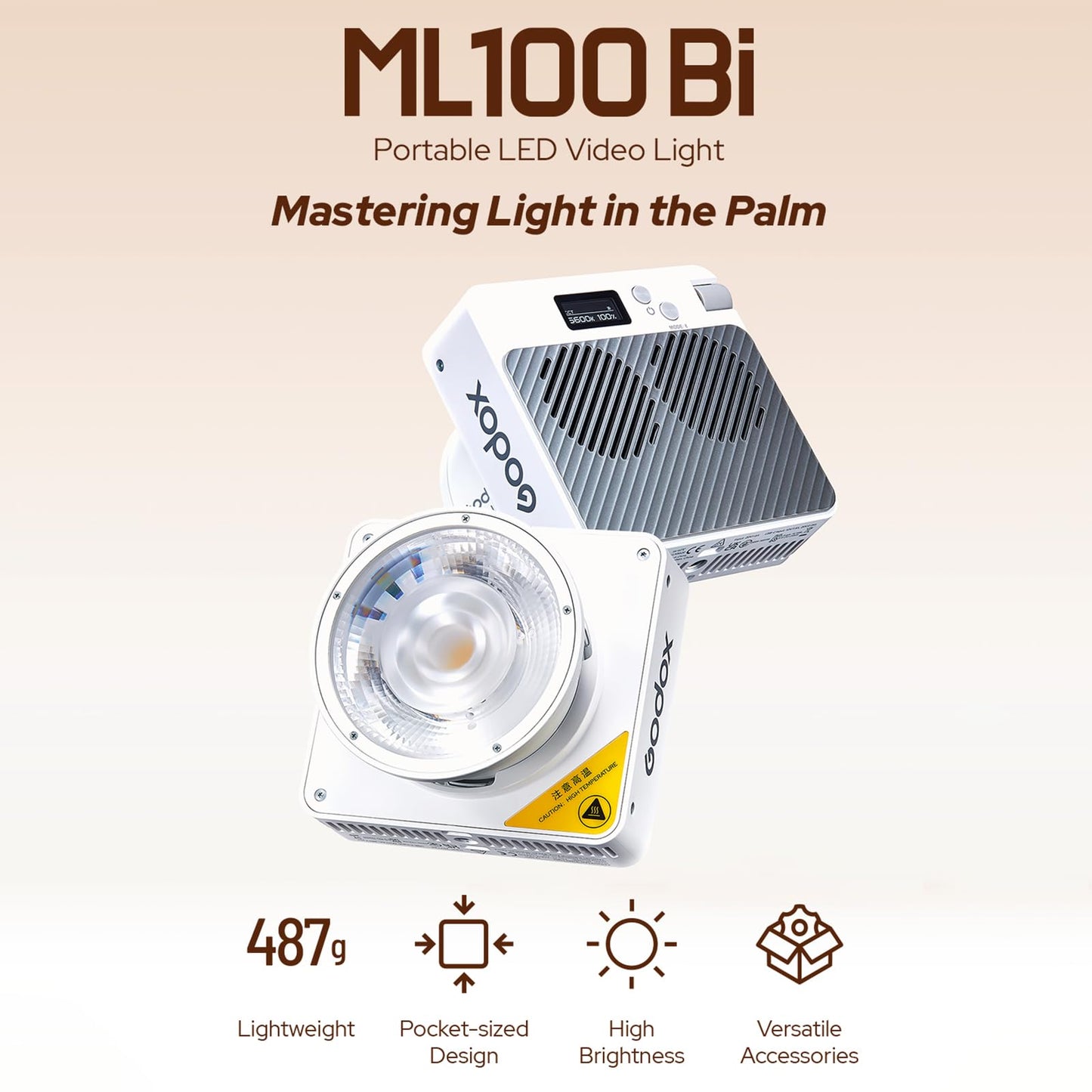 Godox ML100Bi Kit2 Pocket LED Video Light 120W Bi-Color Photography Fill Light 2800K-6500K CRI97+ TLCI98+ APP Control 11 Lighting Effects Godox Mount for Vlog Live Streaming Photography