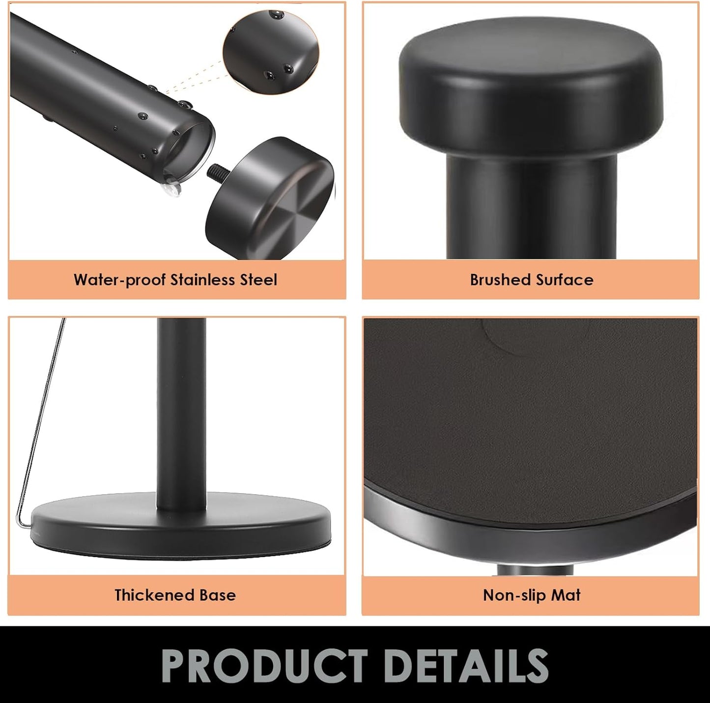 Paper Towel Holder, Stainless Steel Countertop Dispenser for Kitchen and Dining Room - Black