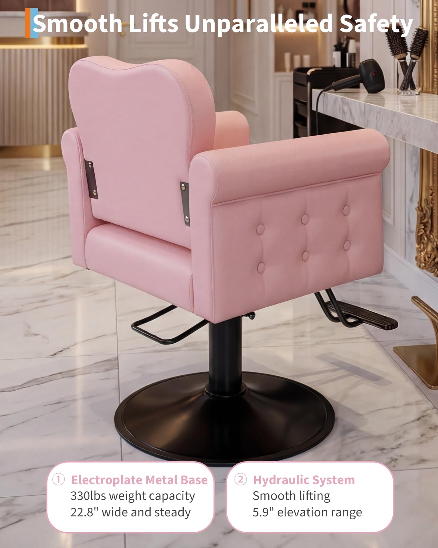 Garvee Salon Chair for Hair Stylist, PU Leather Barber Chair with 360° Swivel, Tufted Button, Metal Round Base, Hydraulic Lift, Supports Up to 330 Lbs, for Barbershop, Beauty Spa, Home, Pink