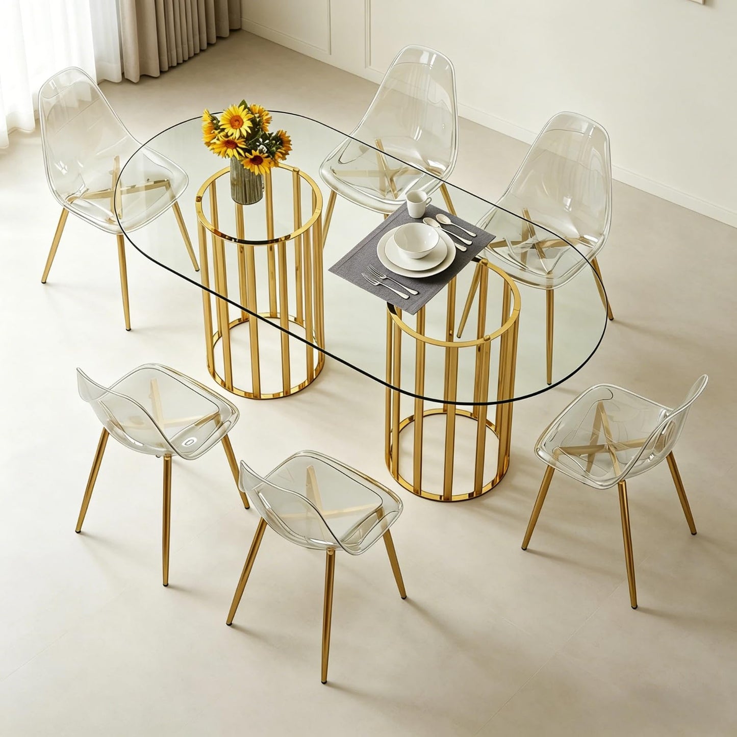 Trygoal Glass Dining Table Set, 7-Piece Table and Chair Set with 71" Oval Glass Dining Table & 6 Clear Acrylic Chairs, Modern 6-Seater Kitchen Table Set with Metal Double Column Luxury Style, Gold