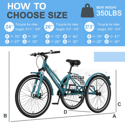 Slsy Adult Mountain Tricycle, 7 Speed Three Wheel Bike, 24/26 Inch Adults Trikes for Seniors with Shopping Basket, Exercise Men's Women's Tricycles