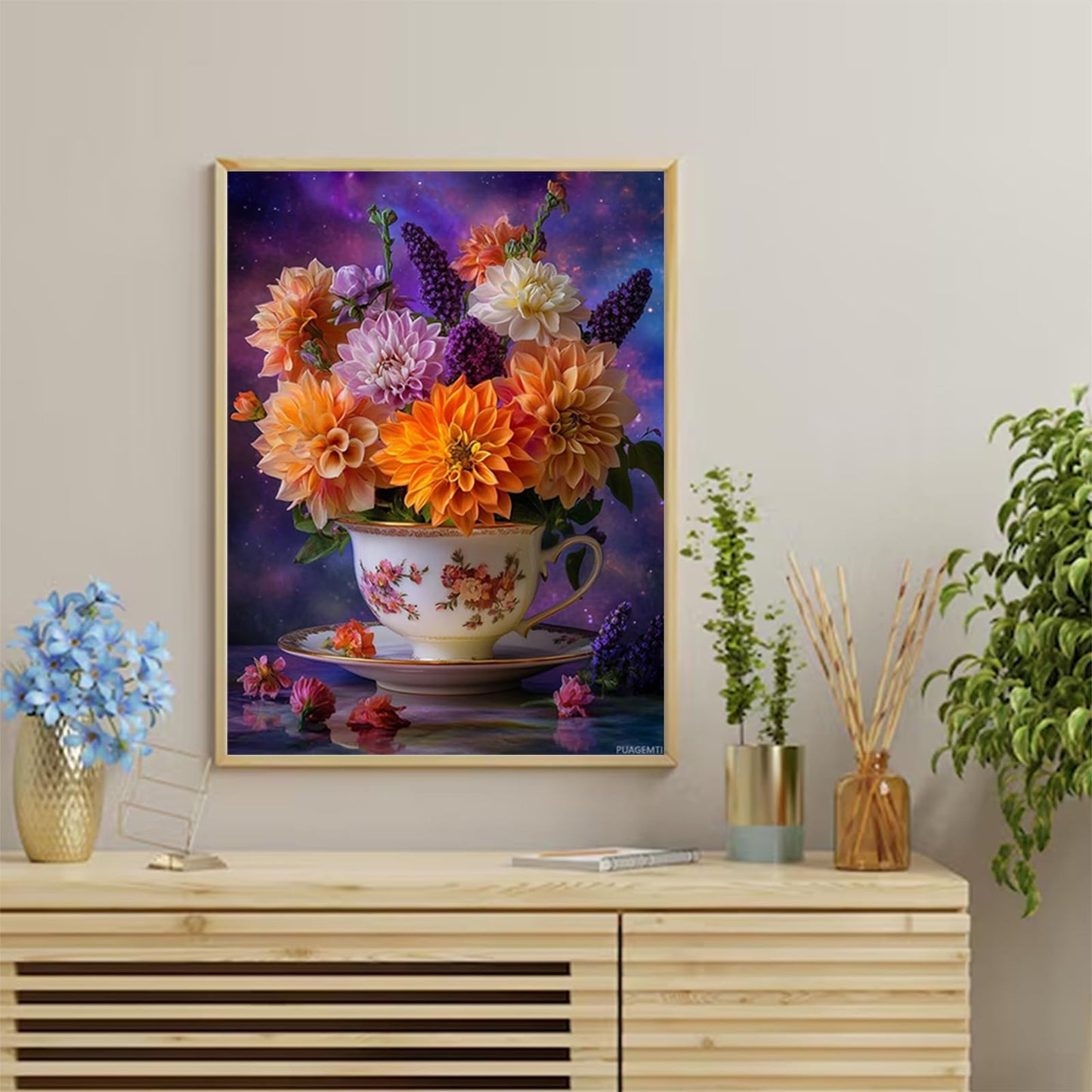 PUAGEMTI Flowers in Tea Cup Diamond Art Kits for Adults, Flower Diamond Painting Kits DIY 5D Full Round Drill Art Home Wall Decor Gift 12x16 INCH