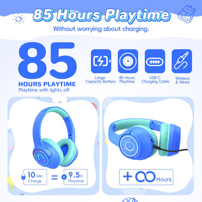 Kids Bluetooth Headphones, 85H Playtime Wireless Headphones for Kids, Colorful LED Lights, 85/94dB Safe Volume Limit, Bluetooth 5.4 Built-in Mic Toddler Headset for Tablet/Airplane/Travel (Blue)