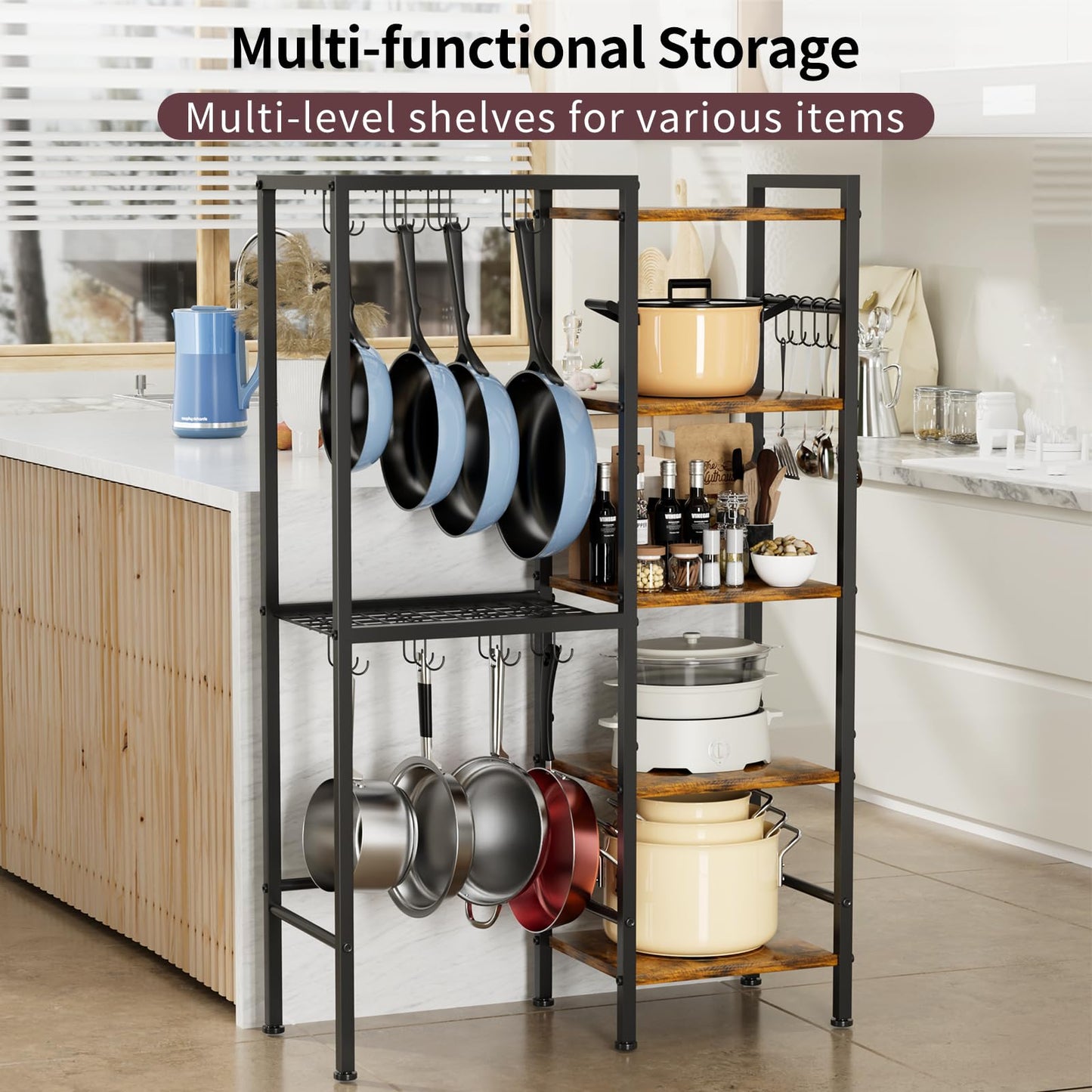 OMISRUIS 5-Tier Pot and Pan Organizer Rack with Hooks, Heavy-Duty Kitchen Storage Shelf for Cookware, Dishes, and Utensils, Freestanding Metal Pot Rack Organizer for Kitchen, Pantry, or Dining Room