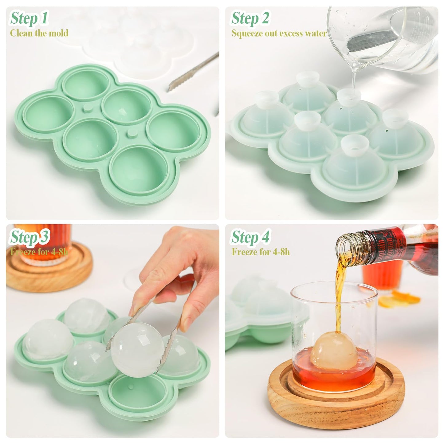 QELEG Large Ice Ball Maker with Lid, 2.2 inches Big Cubes, Easy Release Silicone Ice Cube Trays for Freezer, Perfect Spheres Craft Ice Maker for Whiskey, Cocktails, Gifting, Green, 1pcs/6 Sphere