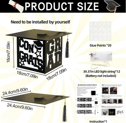 12 2026 Pcs Graduation Table Centerpieces Boxes Class of Black Square Graduation Paper Lanterns with String Lights