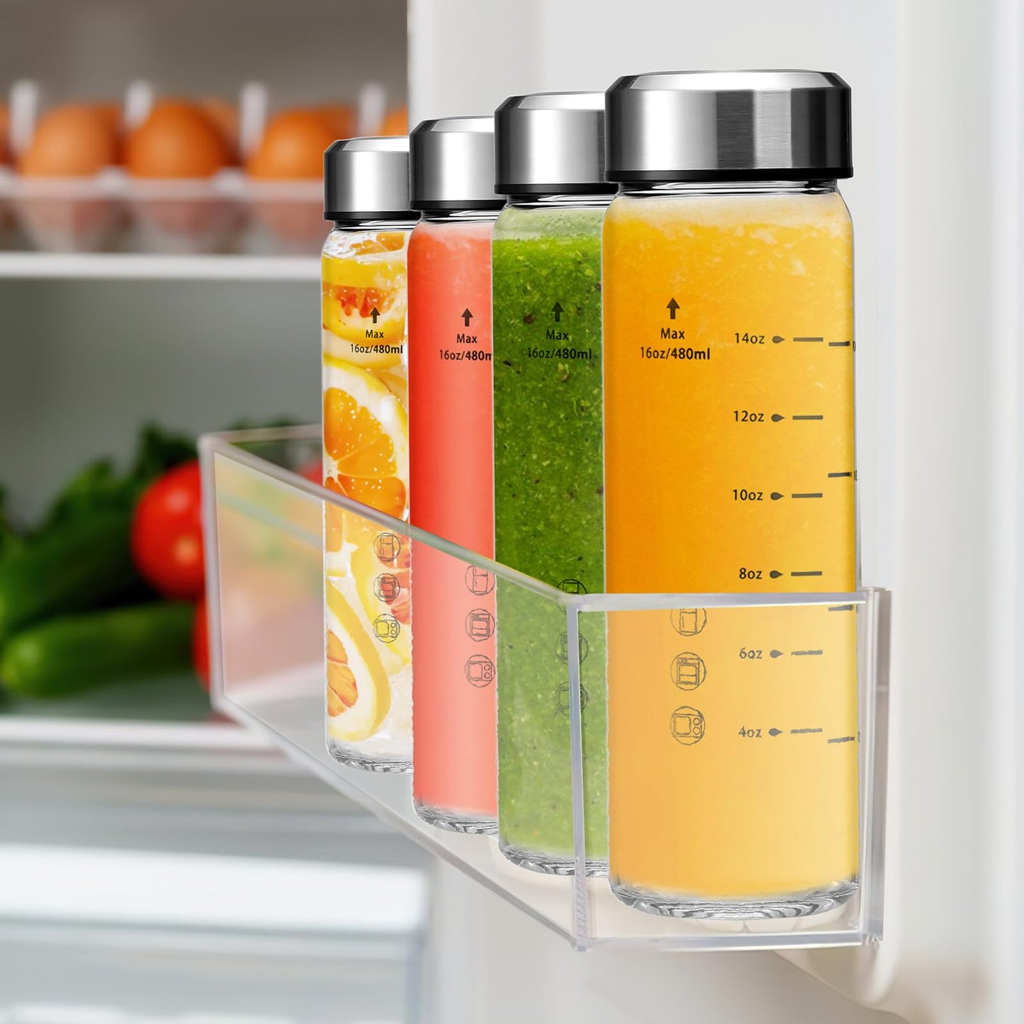 Olivego 16oz Juice Bottles - 4 Pack Wide Mouth Glass Bottles with Lids- BPA Free, Stainless Steel Lids for Juicing, Smoothies, Infused Water, Beverage Storage - Leakproof, Borosilicate, Clear