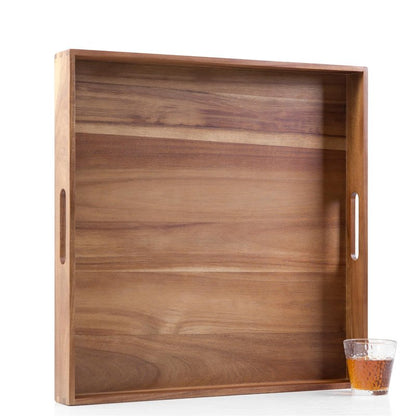 Extra Large Square Wood Tray, Generously 22" Acacia Serving Trays for Large Ottoman Coffee Table, Giant Square Shape Sofa Tray with Handles, Kitchen Organizer Storage Trays Huge Counter Serveware