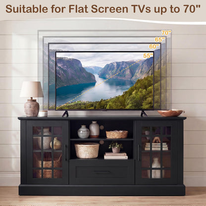 Tangkula Farmhouse TV Stand for TV up to 65 70 Inches, Tall Media Console Table with 2 Glass Storage Cabinets, 1 Drawer & 2 Open Shelves, Wooden Entertainment Center for Living Room (Black)