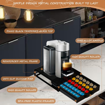 Vertuo Pod Holder Drawer with Deluxe Black Tempered Glass Top, Compatible for Nespresso VertuoLine Pods, Holds up to 75 Small or 50 Big Vertuo Pods Compact Design (Piano Black Nespresso Pods Holder)