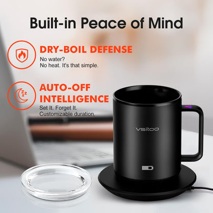 Vsitoo S3 12oz Heated Mug - Temperature Control Smart Mug with Mug Warmer, Perfect for Espresso, Auto-Sensing AI Heats Drinks to 120-150°F Hands-Free.Ideal for Home/Office/Gifts，Black