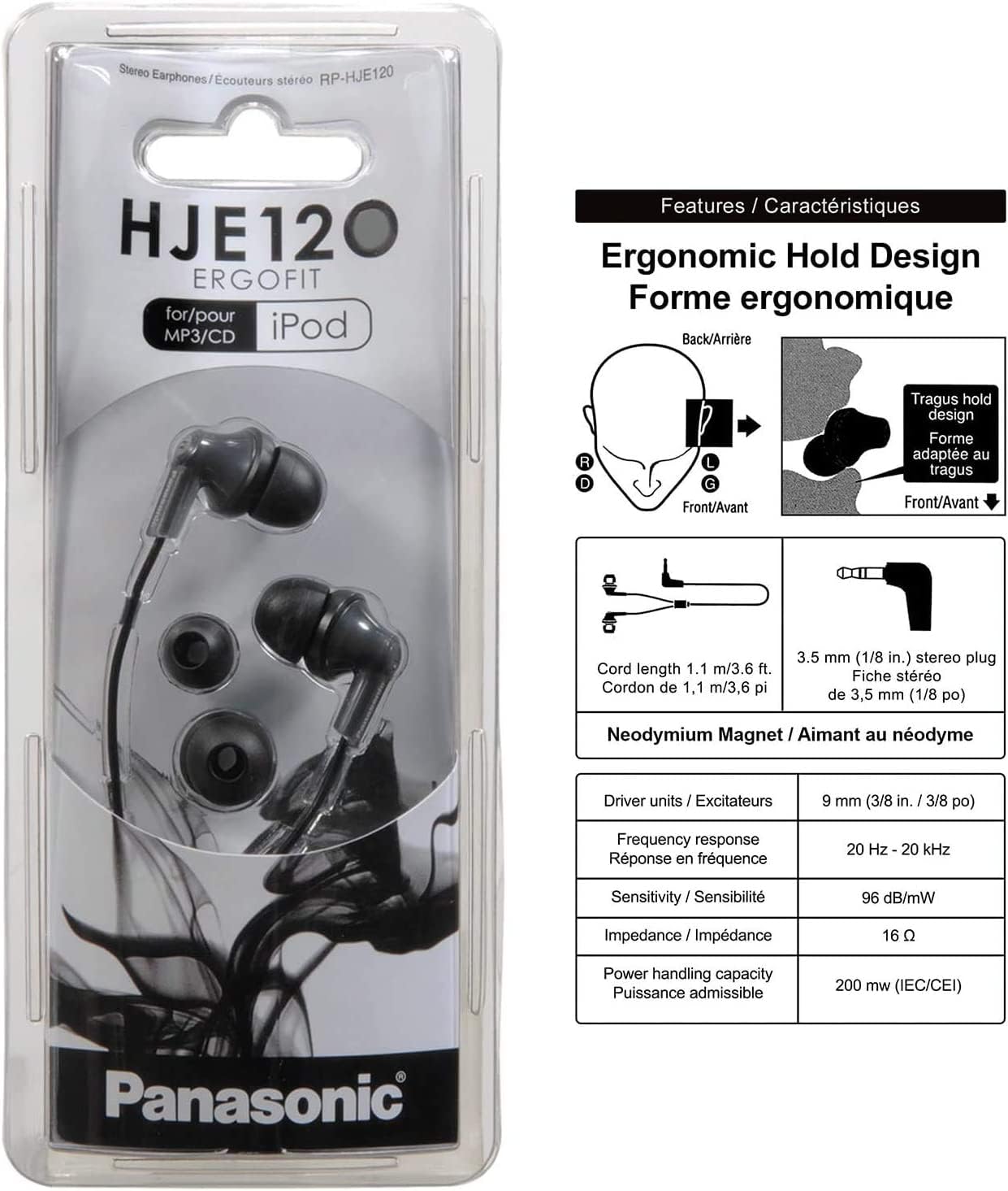Panasonic ErgoFit Wired Earbuds, 3.5mm Jack Wired Headphones with Dynamic Crystal-Clear Sound and Ultra Soft Ergonomic Custom-Fit Earpieces (S/M/L), for Phones and Laptops, RP-HJE120-K (Black)