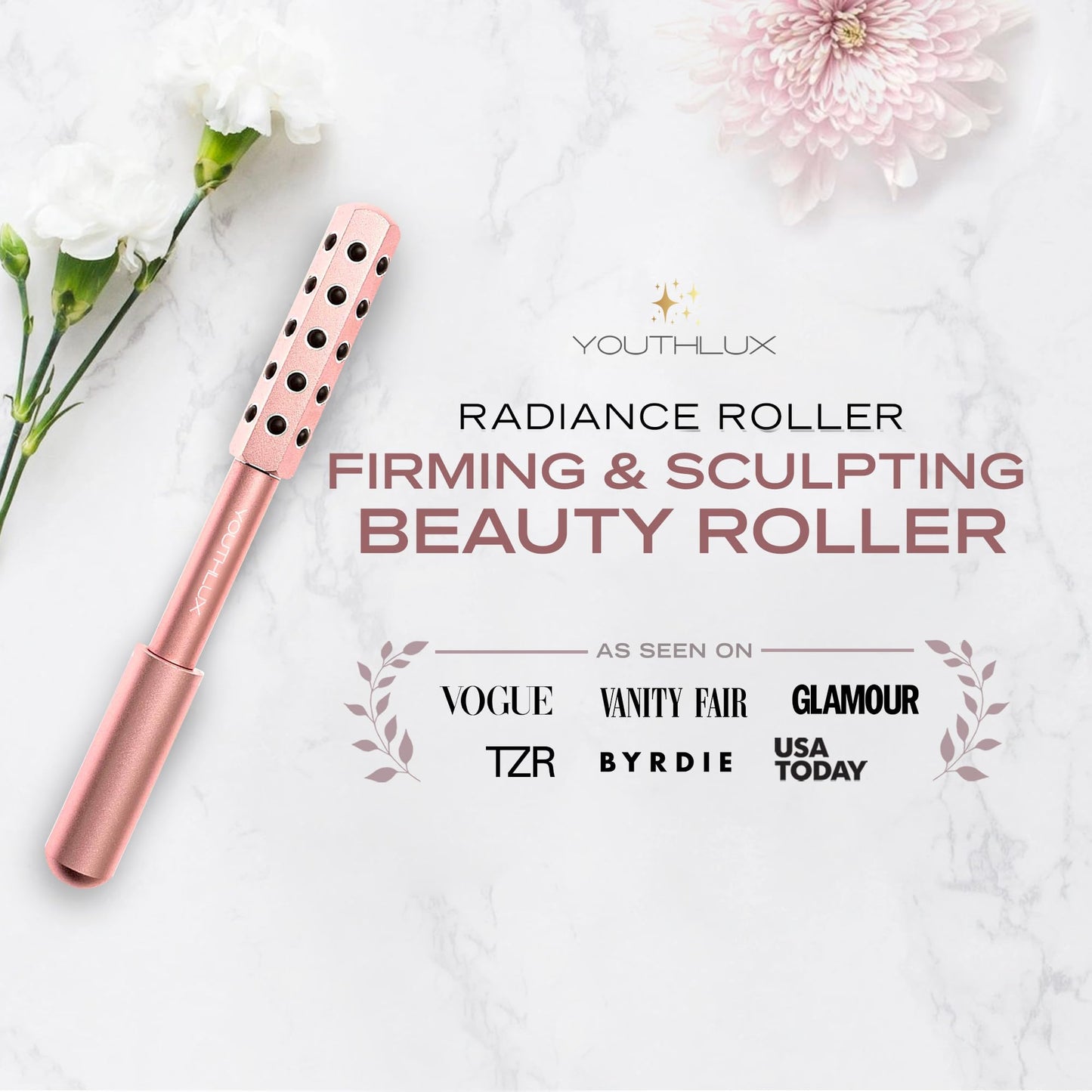 Radiance Roller - Germanium Stone Uplifting Face Beauty Massage Tool/Roller/Wand for Skin Tightening, De-Puffing, Sculpt/Lift, Anti-Aging | Uplift Face Roller, Facial Roller (Rose Gold)