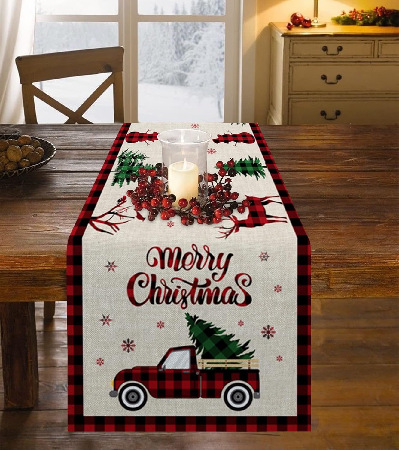 Christmas Truck Cotton Linen Table Runners, 90 Inches Long, Red Buffalo Plaid Non-Slip Burlap for Holiday Decor