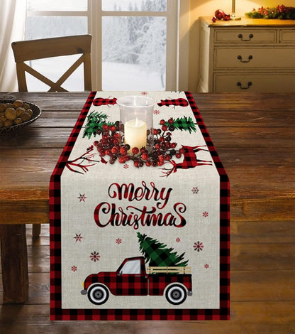 Christmas Truck Cotton Linen Table Runners, 90 Inches Long, Red Buffalo Plaid Non-Slip Burlap for Holiday Decor
