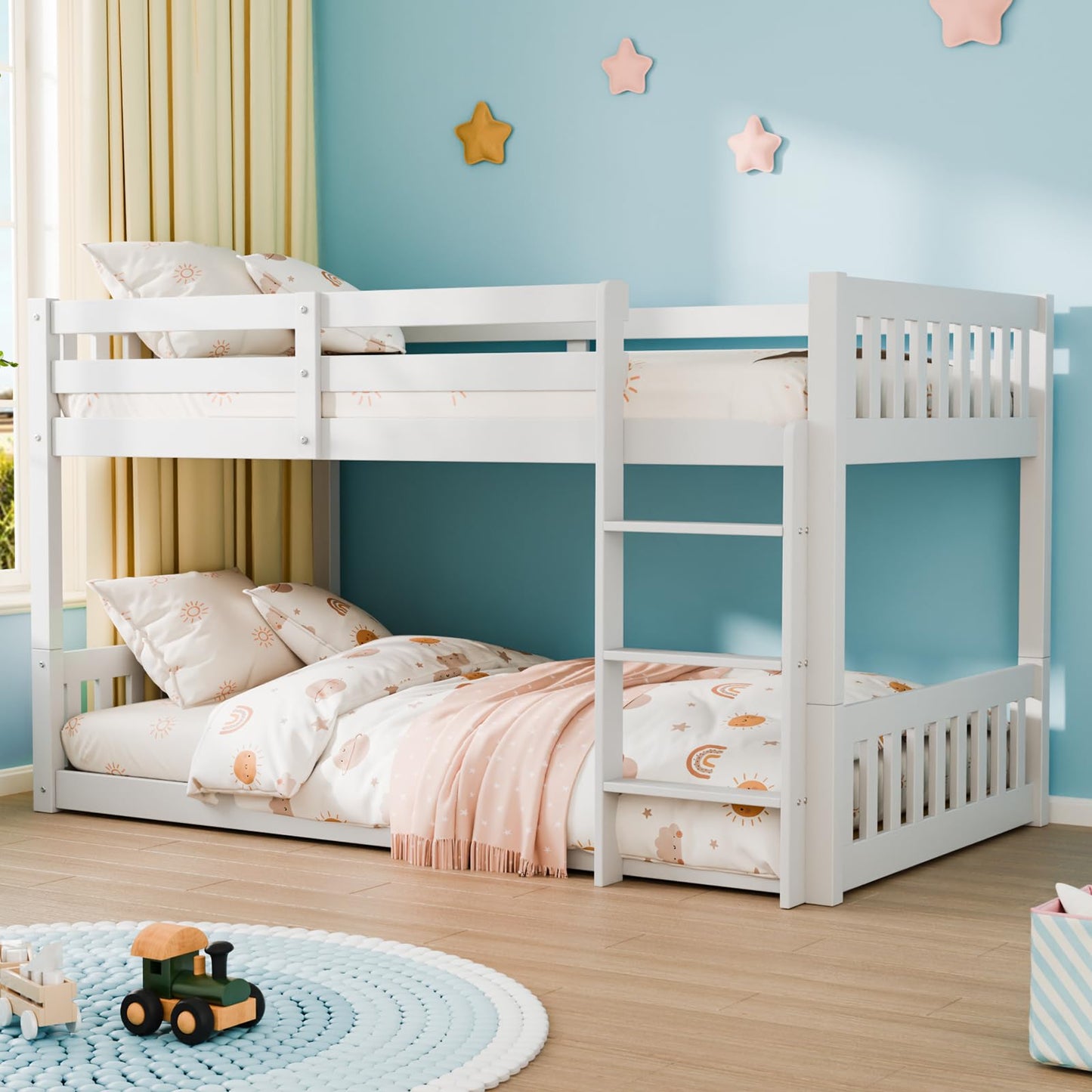 JOYMOR Solid Wood Low Twin Over Twin Bunk Bed for Kids/Junior, Bunk Bed Frame with Guardrails & Ladder for Boys Girls, No Box Spring Needed (White)