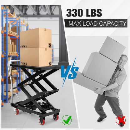 Hydraulic Lift Table Cart, 330 Lbs Capacity 50" Lifting Height Double Scissor Lift Table with Anti-Slip Pad & 4 Wheels for Material Handling & Transportation in Warehouse, Workshop, Black