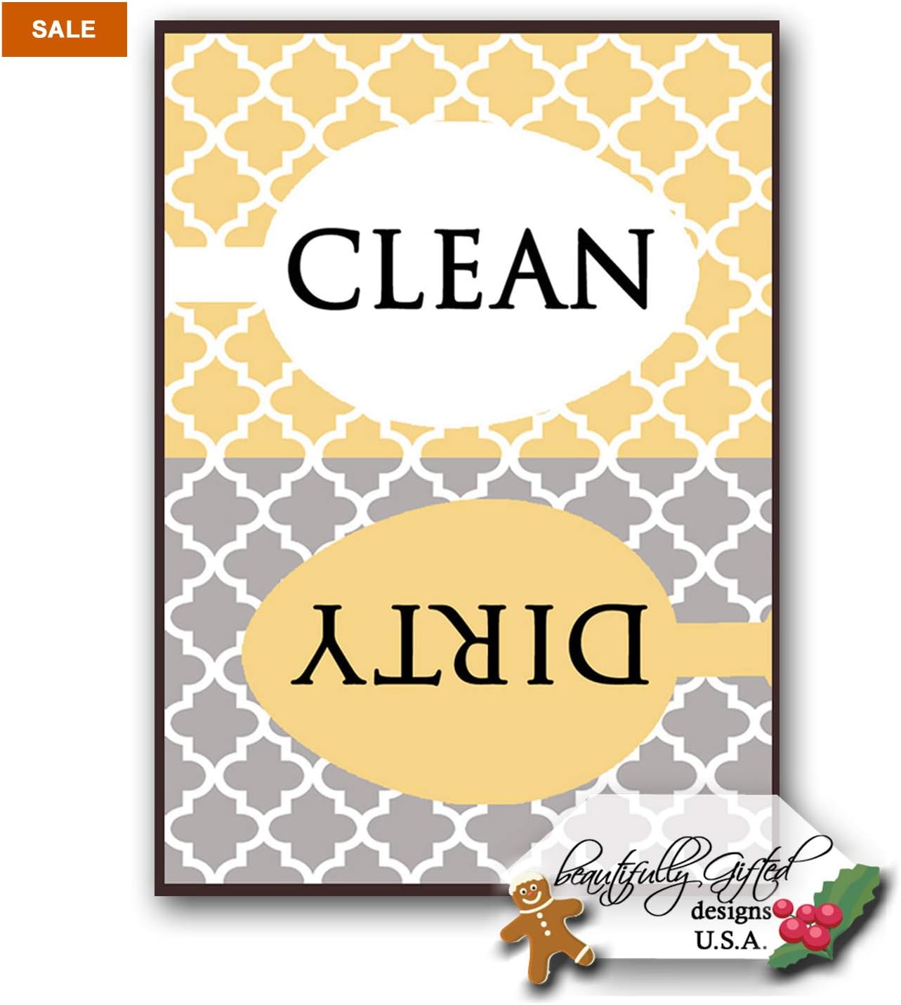 Clean Dirty Dishwasher Magnet Sign, Modern Moroccan Trellis Pattern, Yellow Gold Grey, Housewarming Gift