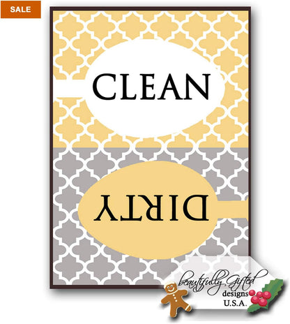 Clean Dirty Dishwasher Magnet Sign, Modern Moroccan Trellis Pattern, Yellow Gold Grey, Housewarming Gift