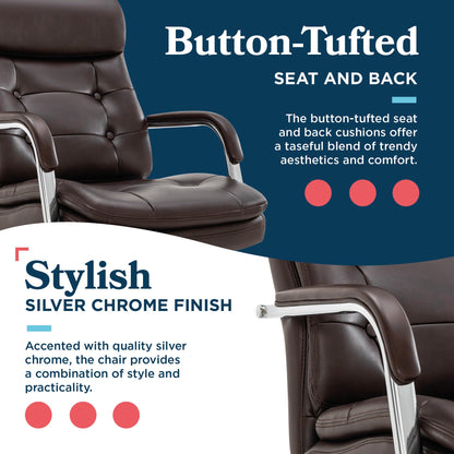 La-Z-Boy Sonata Executive Mid-Back Office Chair, Button-Tufted Seat and Back, Double-Layer Cushion, Padded Armrests, Ergonomic Computer DeskChair, Swivel Metal Base, Bonded Leather, Dark Brown/Chrome